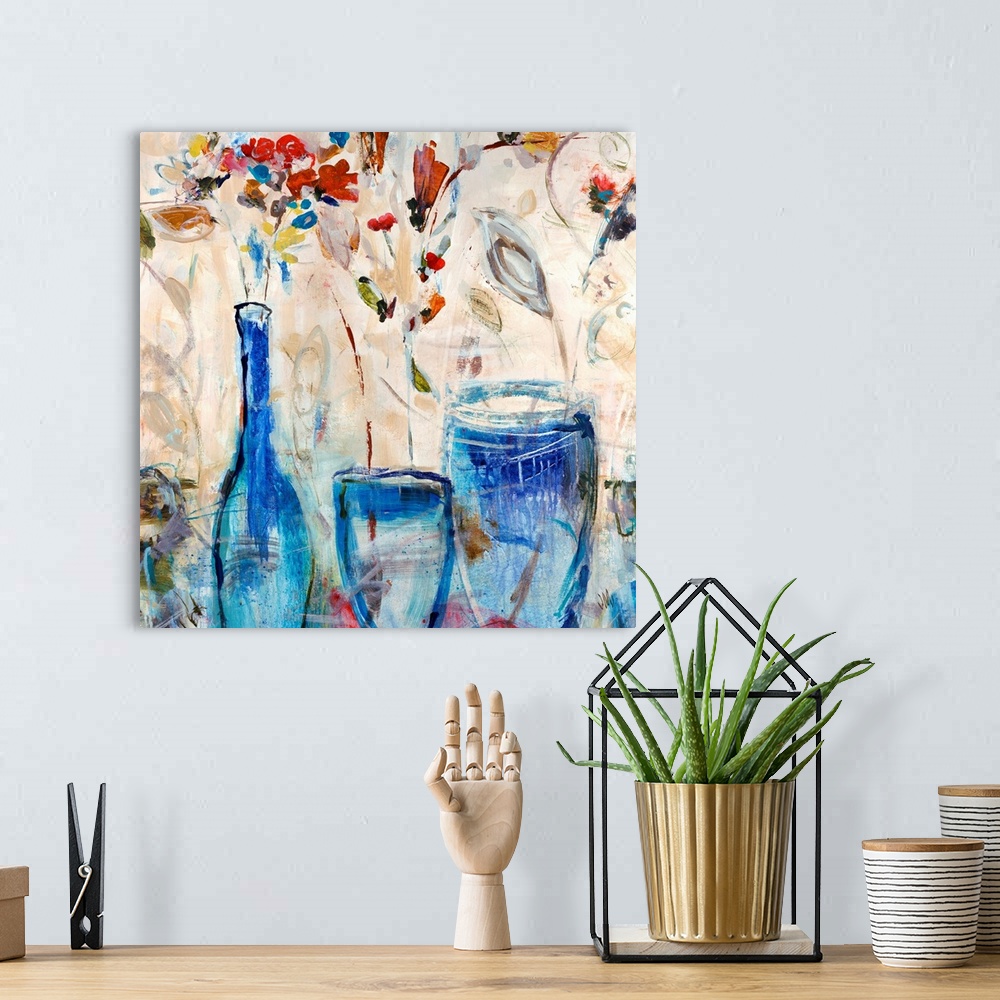 A bohemian room featuring Contemporary painting of three glass vases holding a few flowers, done in a quick gesture style.