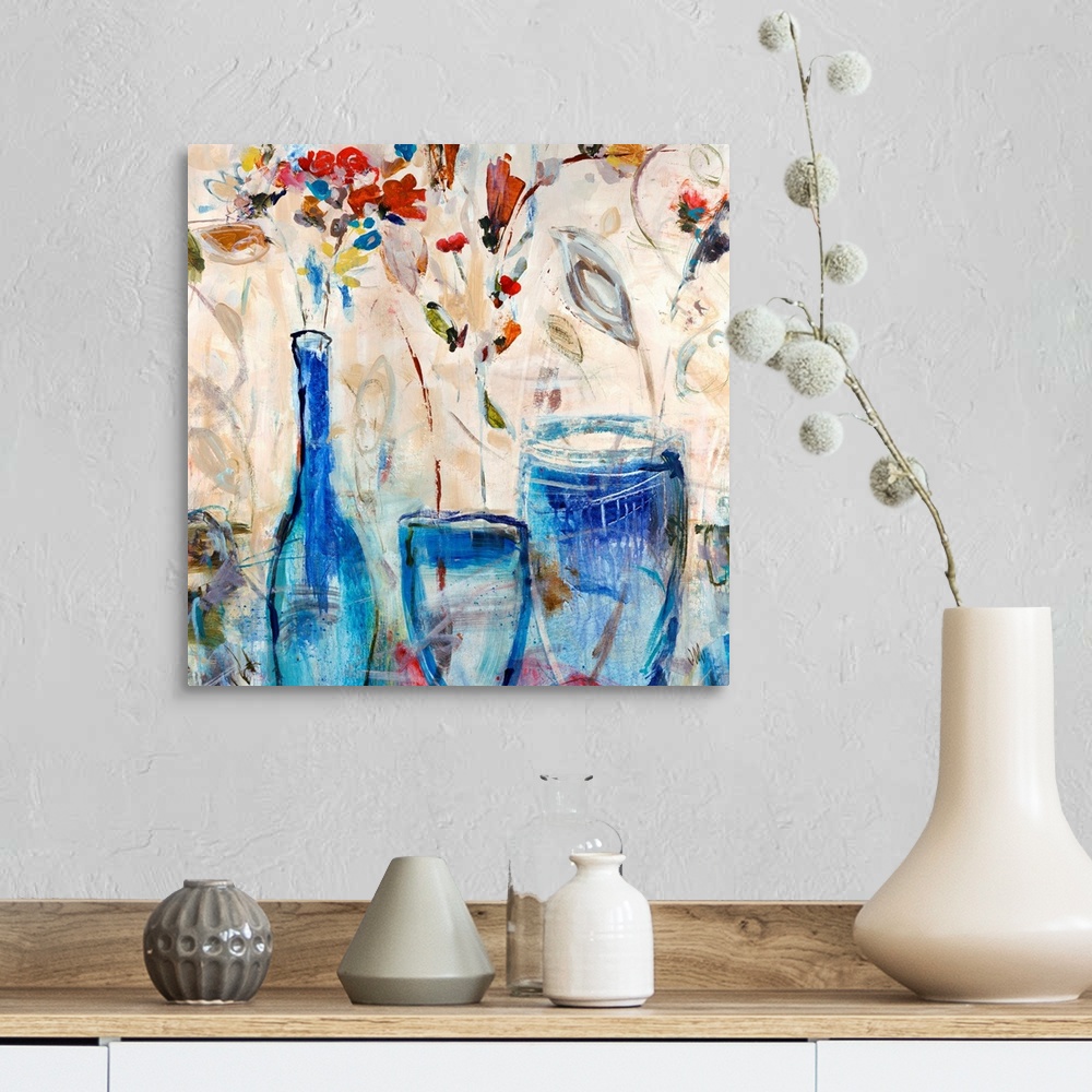 A farmhouse room featuring Contemporary painting of three glass vases holding a few flowers, done in a quick gesture style.
