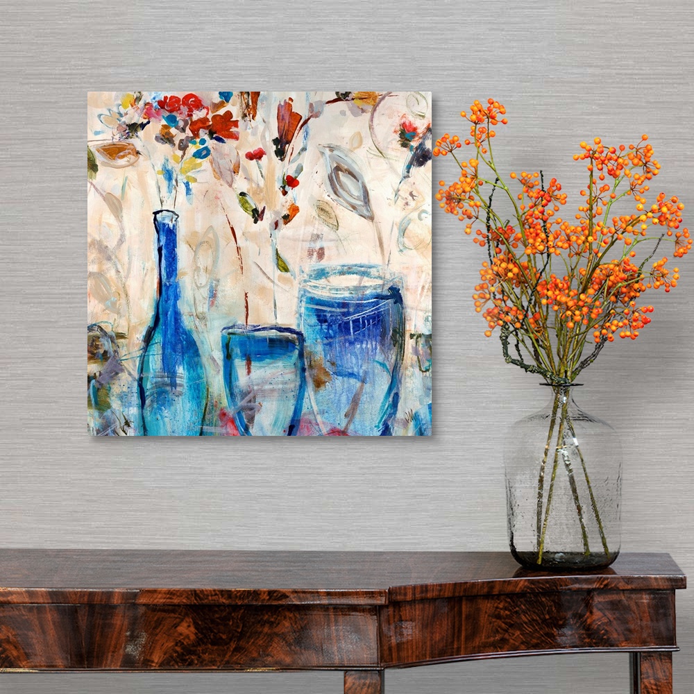 A traditional room featuring Contemporary painting of three glass vases holding a few flowers, done in a quick gesture style.