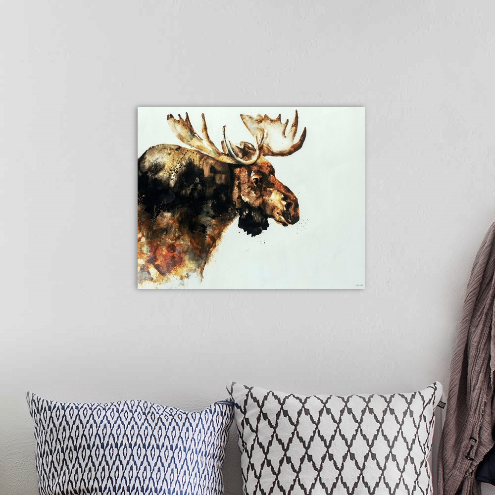 A bohemian room featuring Contemporary watercolor portrait of a moose in varying shades of brown.