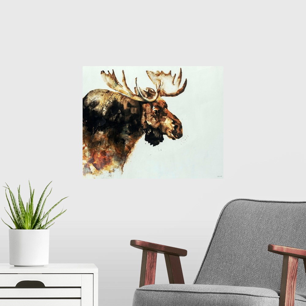 A modern room featuring Contemporary watercolor portrait of a moose in varying shades of brown.