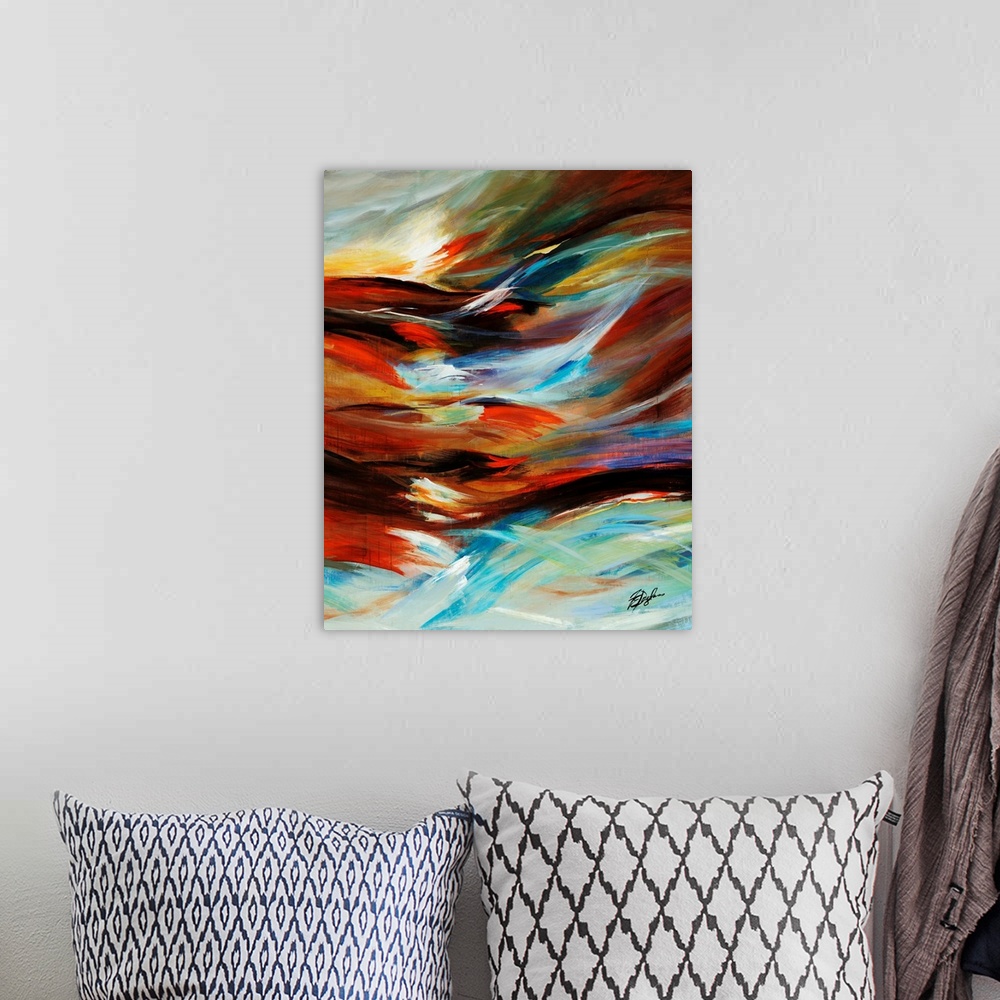 A bohemian room featuring Contemporary abstract painting of wind blowing, illustration by colorful, curved lines.