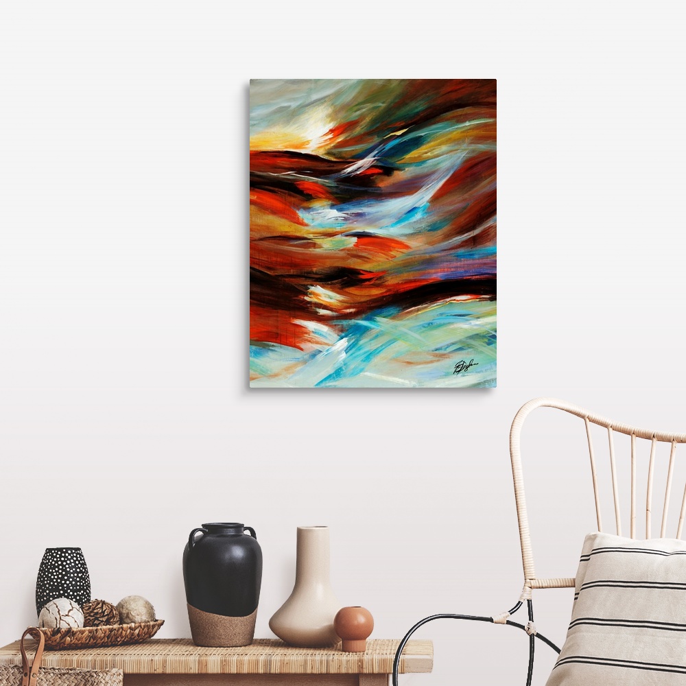 A farmhouse room featuring Contemporary abstract painting of wind blowing, illustration by colorful, curved lines.