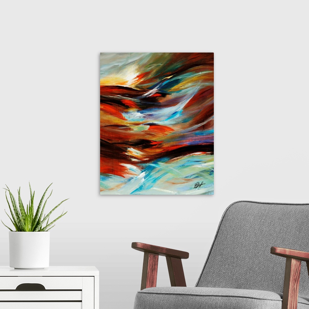 A modern room featuring Contemporary abstract painting of wind blowing, illustration by colorful, curved lines.