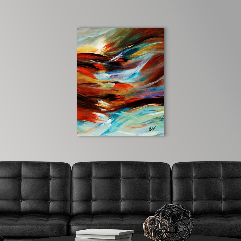 A modern room featuring Contemporary abstract painting of wind blowing, illustration by colorful, curved lines.