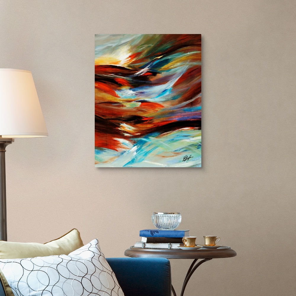 A traditional room featuring Contemporary abstract painting of wind blowing, illustration by colorful, curved lines.