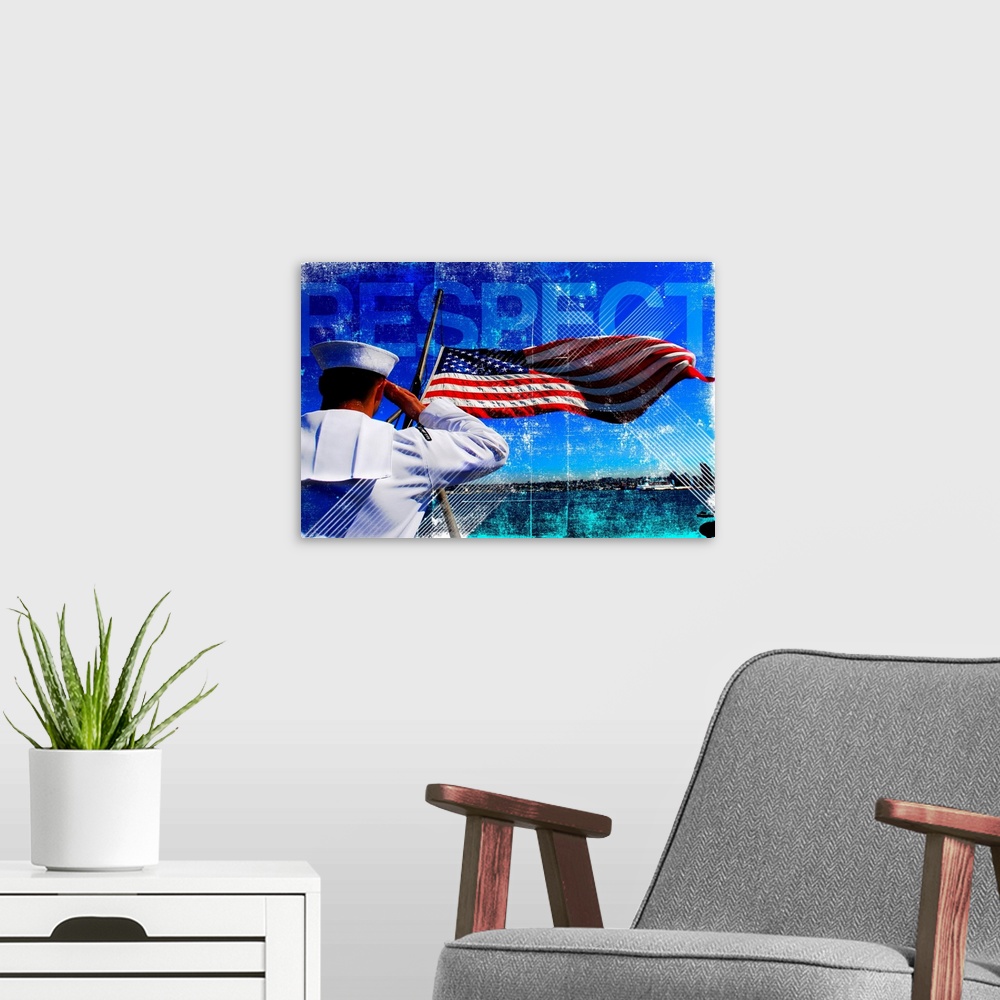 A modern room featuring Big landscape wall hanging of Aviation Boatswain's Mate (Fuel) Airman Apprentice saluting the nat...