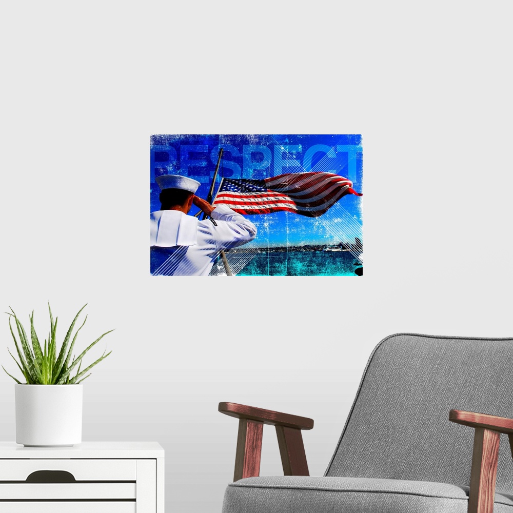 A modern room featuring Big landscape wall hanging of Aviation Boatswain's Mate (Fuel) Airman Apprentice saluting the nat...