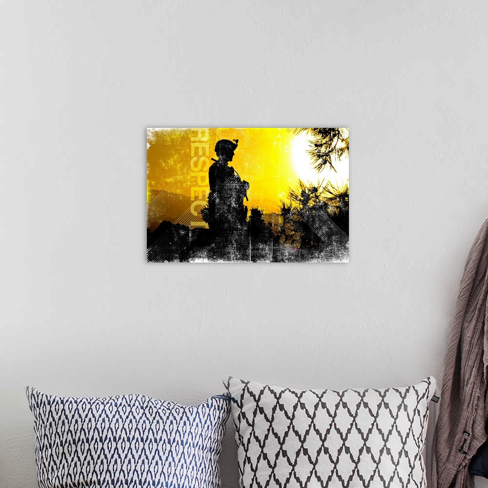 A bohemian room featuring A silhouette of a soldier looking to the right with trees and mountains in the background and a g...