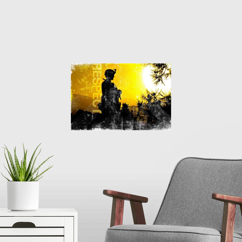 A modern room featuring A silhouette of a soldier looking to the right with trees and mountains in the background and a g...