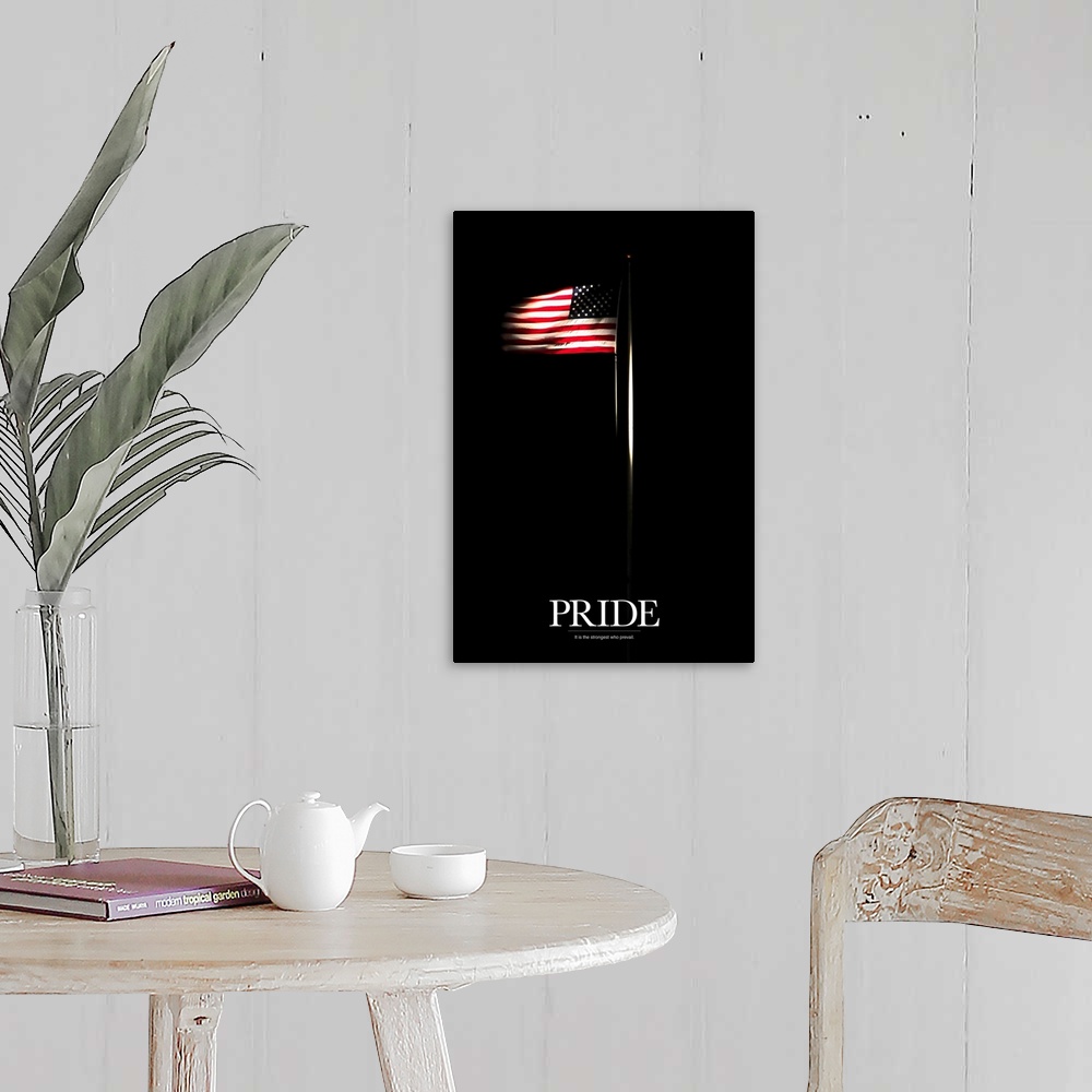 A farmhouse room featuring A big vertical canvas of an American flag on a pole waving in the wind highlighted against a dark...