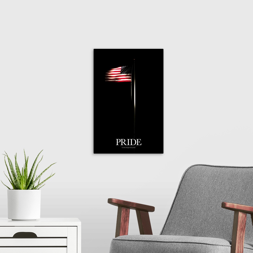 A modern room featuring A big vertical canvas of an American flag on a pole waving in the wind highlighted against a dark...