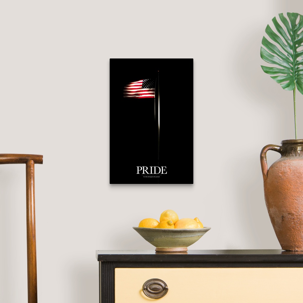 A traditional room featuring A big vertical canvas of an American flag on a pole waving in the wind highlighted against a dark...
