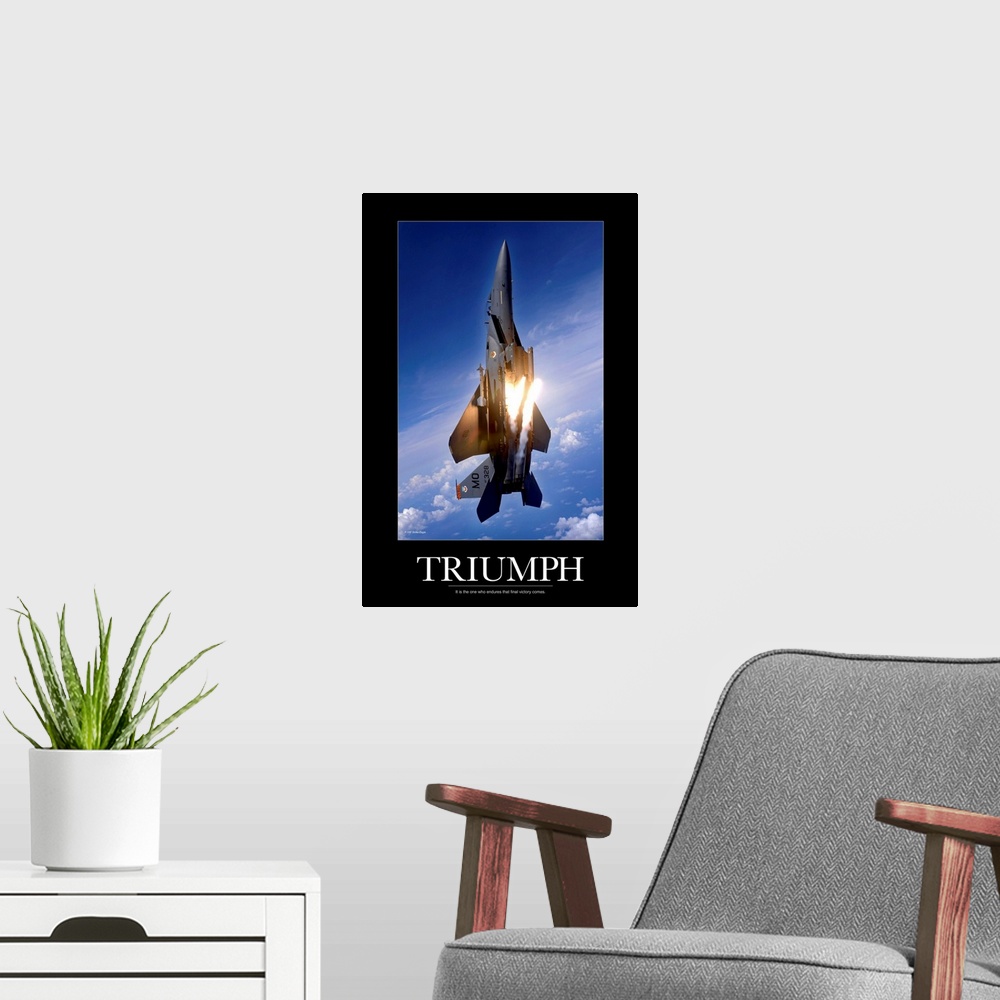 A modern room featuring Motivational Poster: An F-15E Strike Eagle pops flares