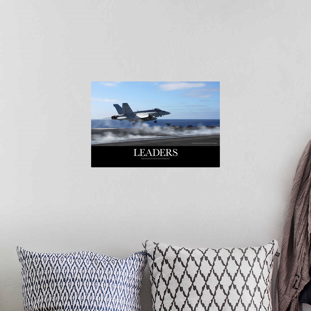 A bohemian room featuring Motivational Poster: An F/A-18E Super Hornet catapults from an aircraft carrier