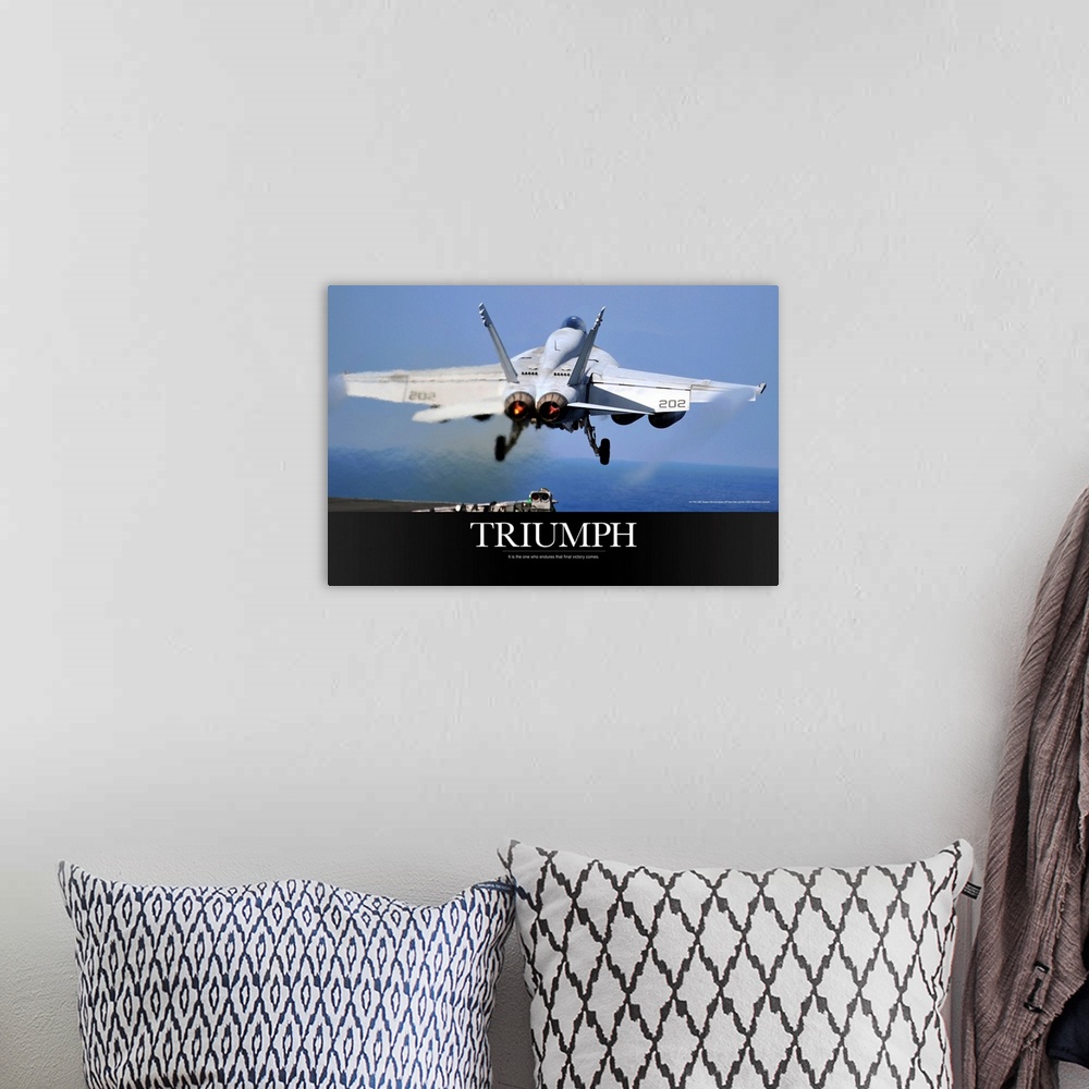 A bohemian room featuring Motivational Poster: An F/A-18E Super Hornet takes off