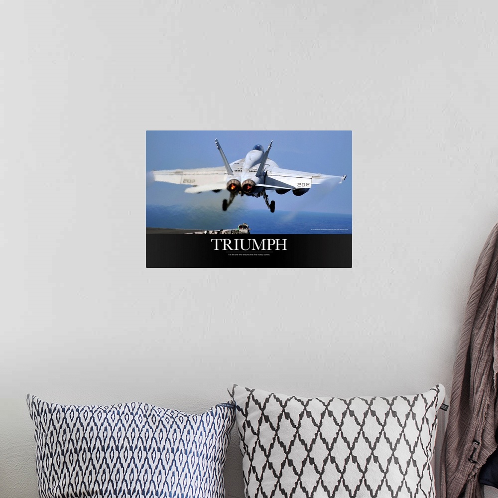 A bohemian room featuring Motivational Poster: An F/A-18E Super Hornet takes off