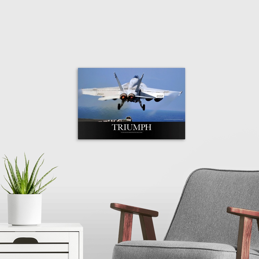 A modern room featuring Motivational Poster: An F/A-18E Super Hornet takes off