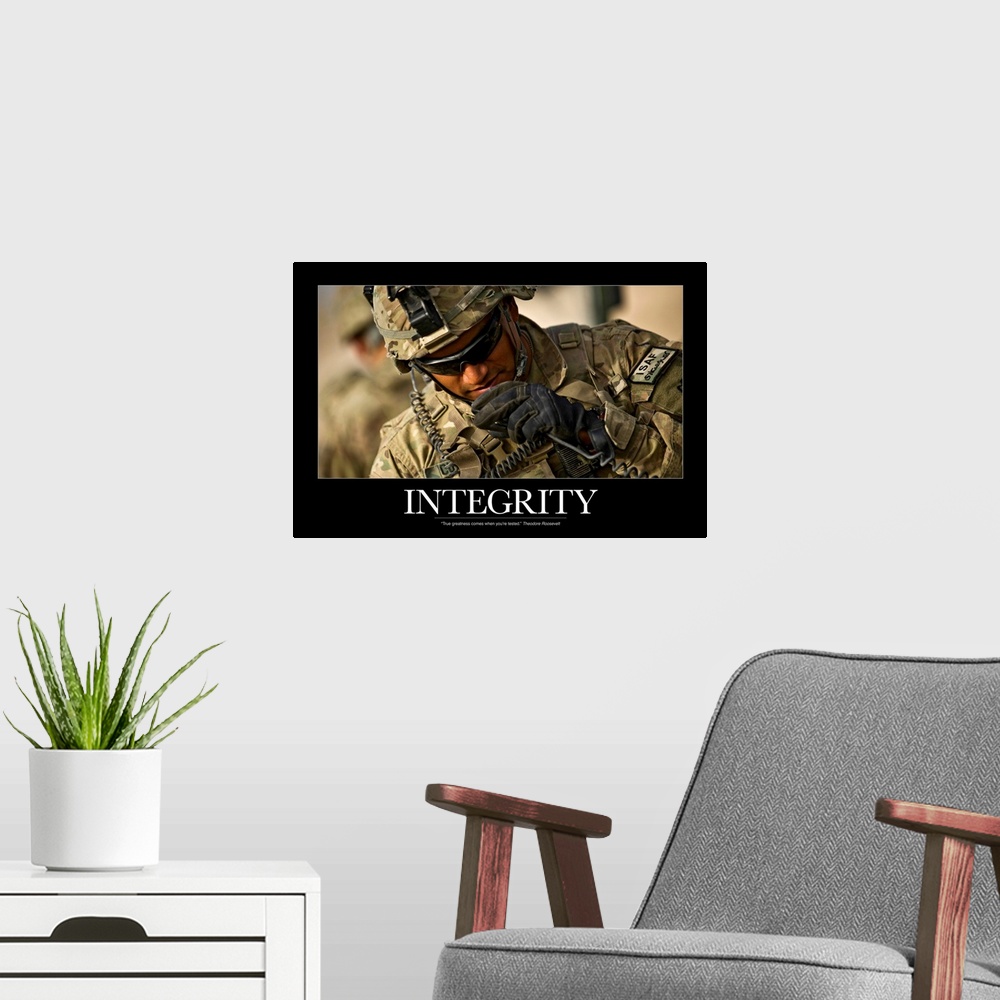 A modern room featuring Landscape photograph on a large, inspirational wall hanging of an International Security Assistan...