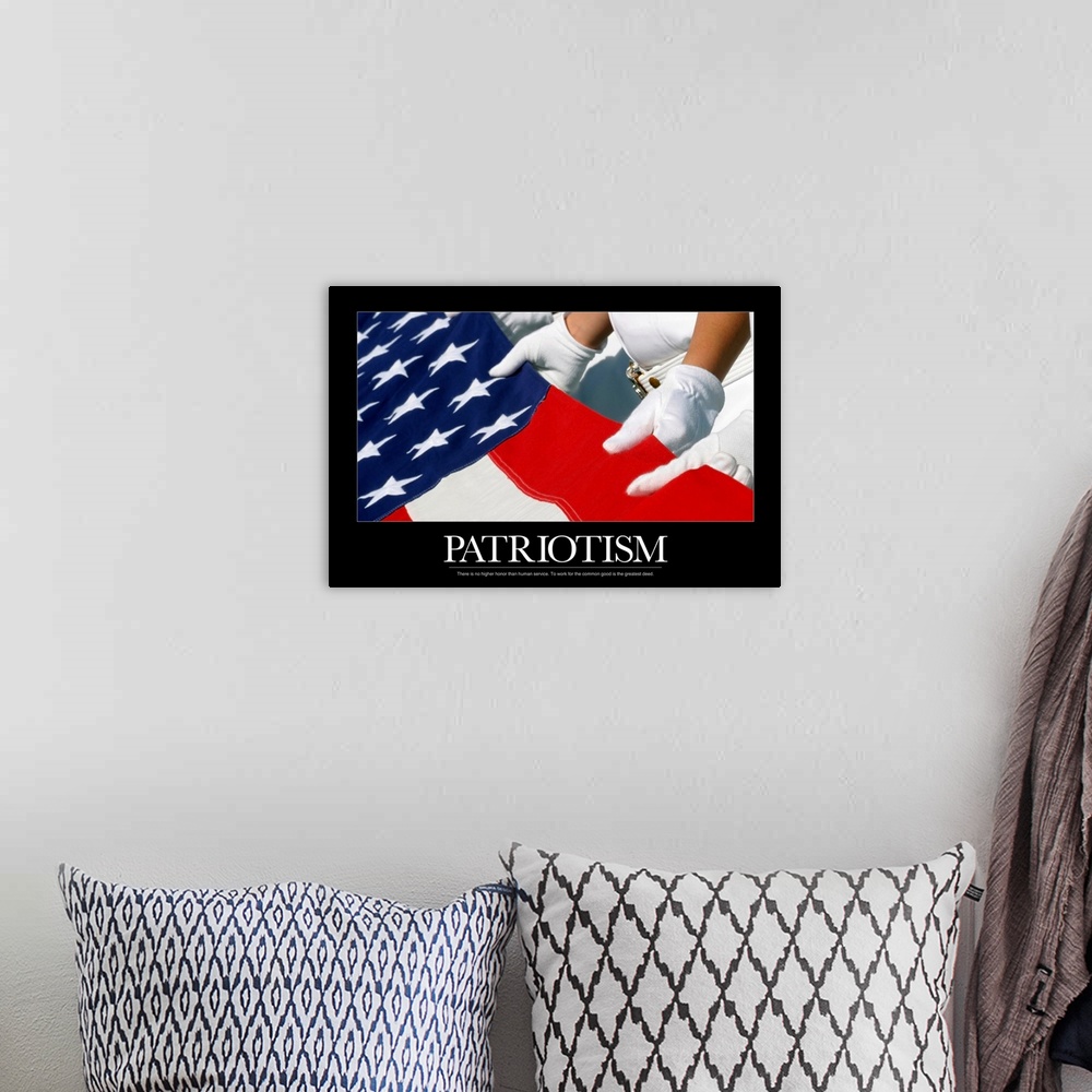 A bohemian room featuring Big, horizontal, motivational wall hanging of gloved hands holding the American Flag, the image i...