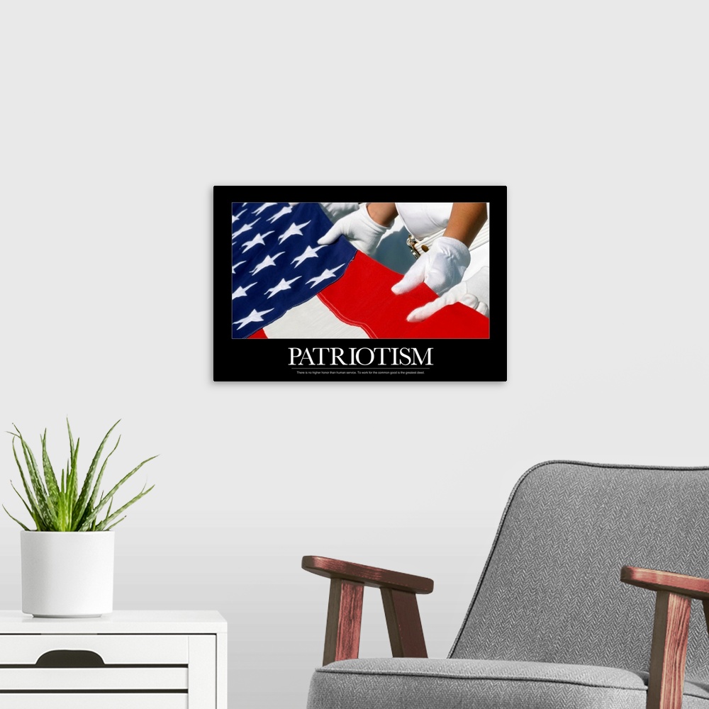 A modern room featuring Big, horizontal, motivational wall hanging of gloved hands holding the American Flag, the image i...