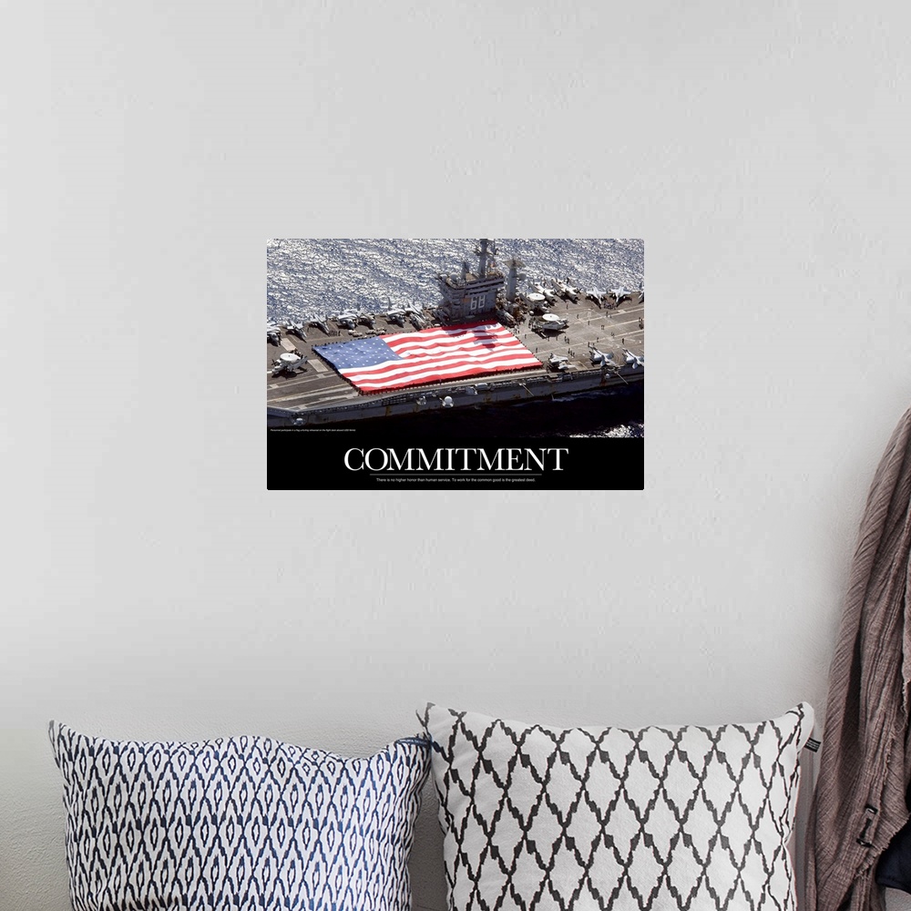 A bohemian room featuring Inspirational Commitment print showing the flag of the United States of America stretched across ...