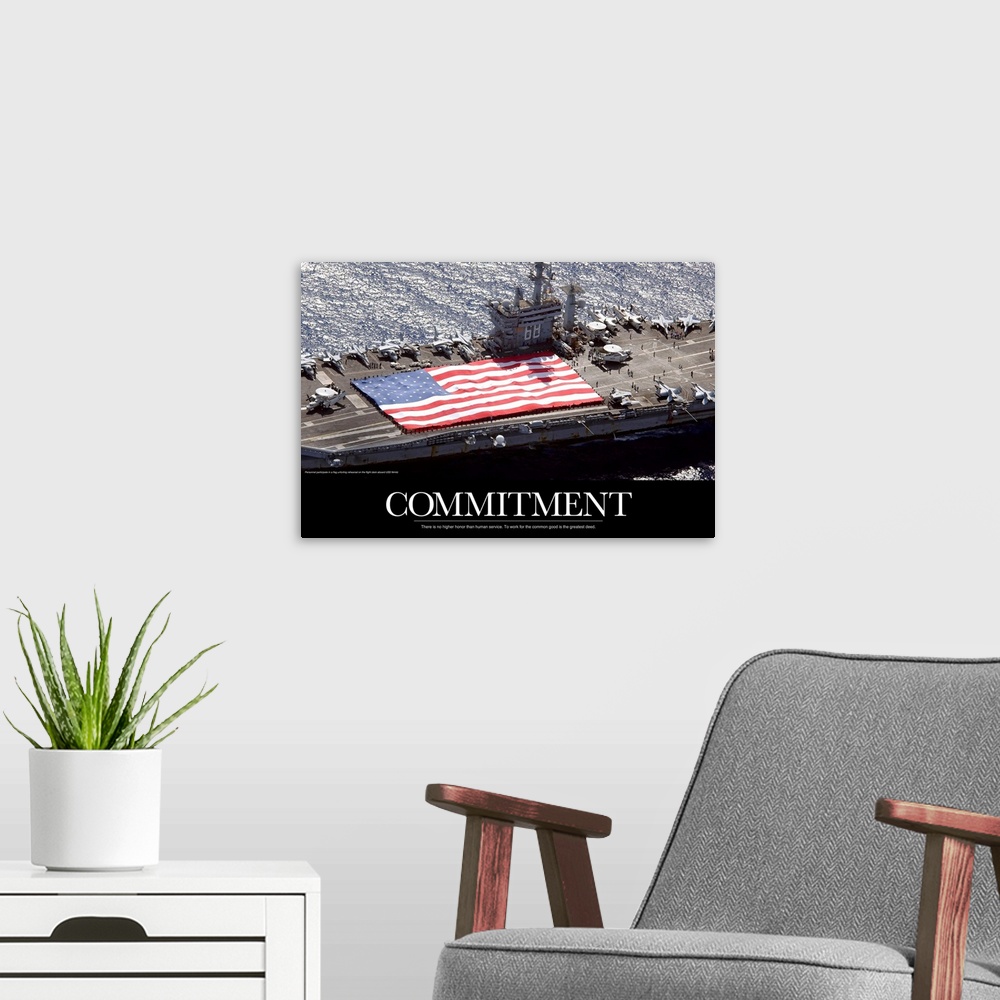 A modern room featuring Inspirational Commitment print showing the flag of the United States of America stretched across ...