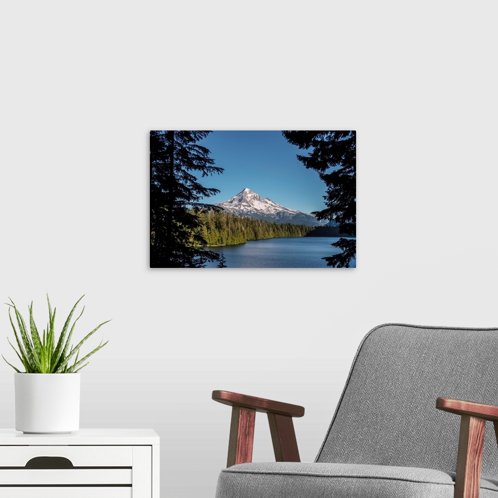 A modern room featuring Peeking view of Mount Hood's Peak near Lost Lake in Portland, Oregon.