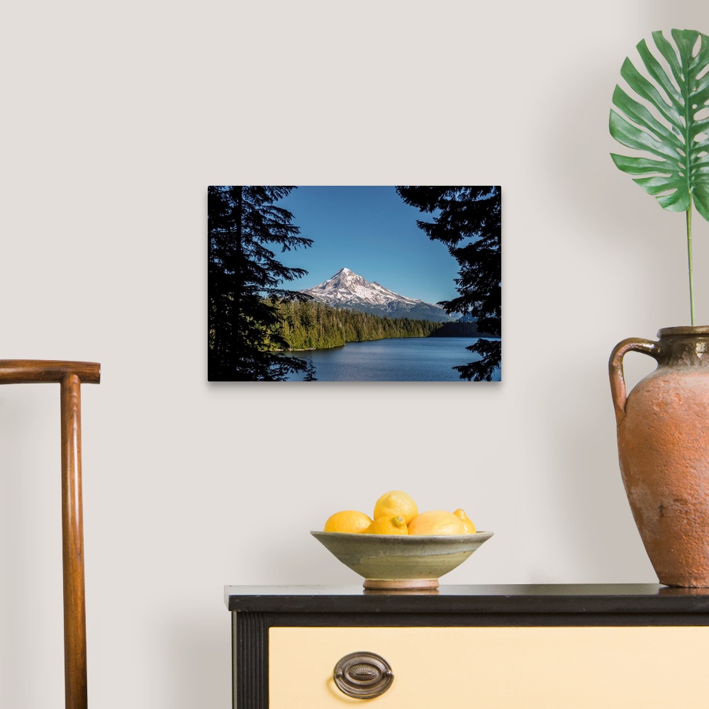 A traditional room featuring Peeking view of Mount Hood's Peak near Lost Lake in Portland, Oregon.