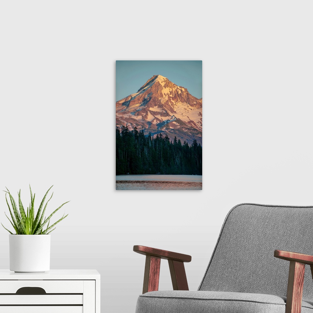 A modern room featuring Close up view of Mount Hood's mountain peak in Portland, Oregon.