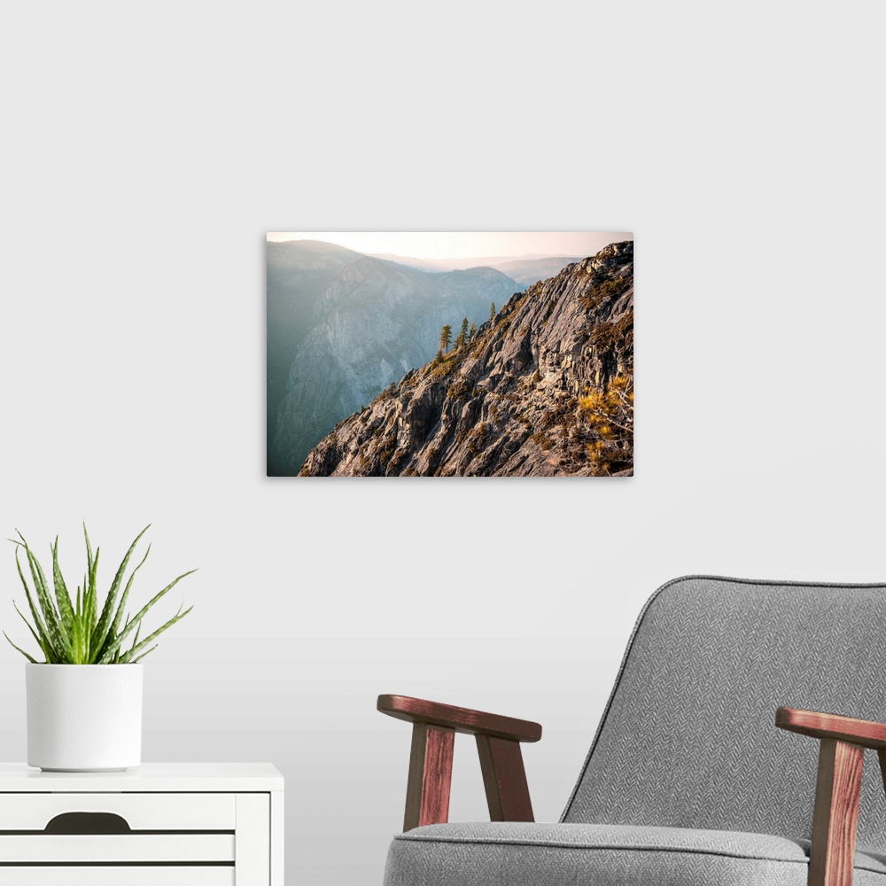 A modern room featuring View of the side of a mountain from Taft Point in Yosemite National Park, California.