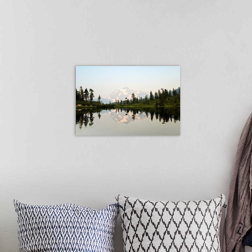 A bohemian room featuring Photograph of Mt. Shuksan reflecting into Picture Lake around on a clear day.