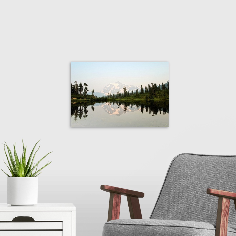 A modern room featuring Photograph of Mt. Shuksan reflecting into Picture Lake around on a clear day.