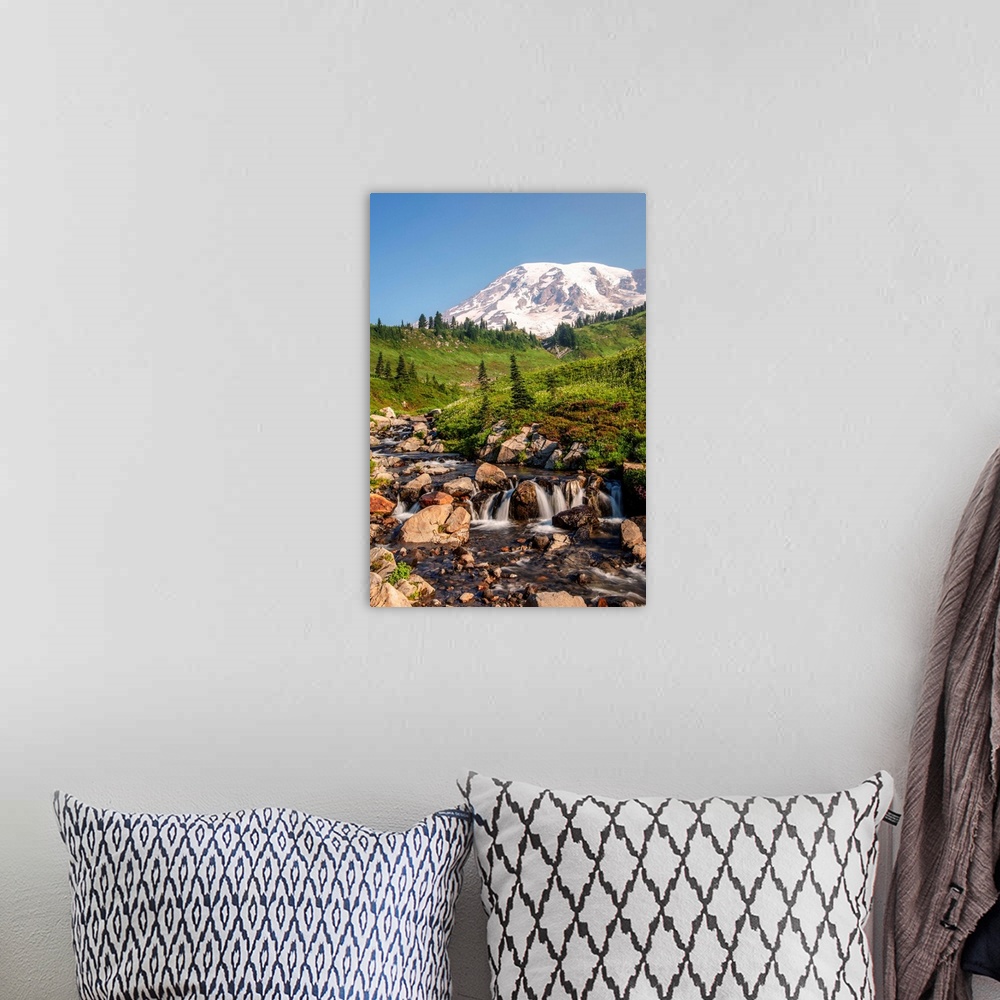 A bohemian room featuring View of a tranquil waterfall with Mount Rainier peak in the background, Mount Rainier National Pa...