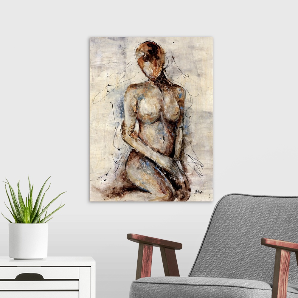 A modern room featuring Contemporary abstract figurative painting of a woman's figure sitting on her knees. The image is ...