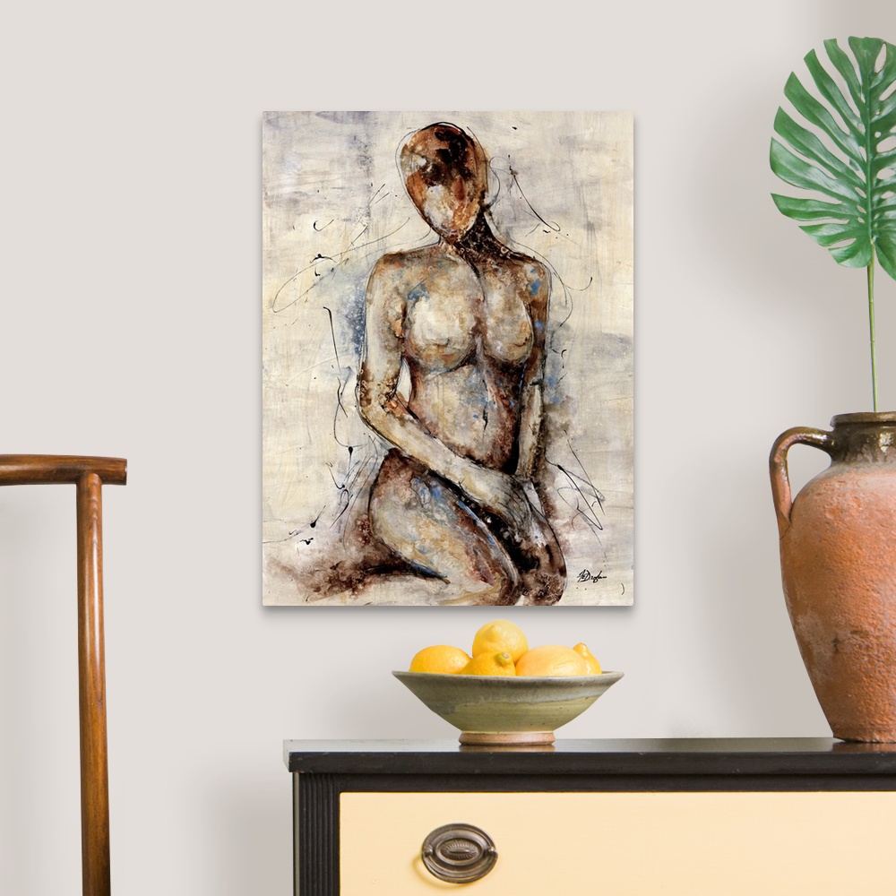 A traditional room featuring Contemporary abstract figurative painting of a woman's figure sitting on her knees. The image is ...