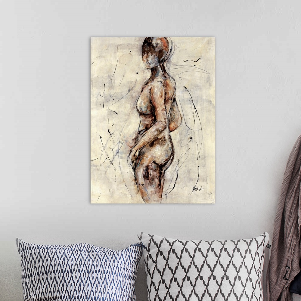 A bohemian room featuring Contemporary abstract painting of woman's figure void of any intricate details.