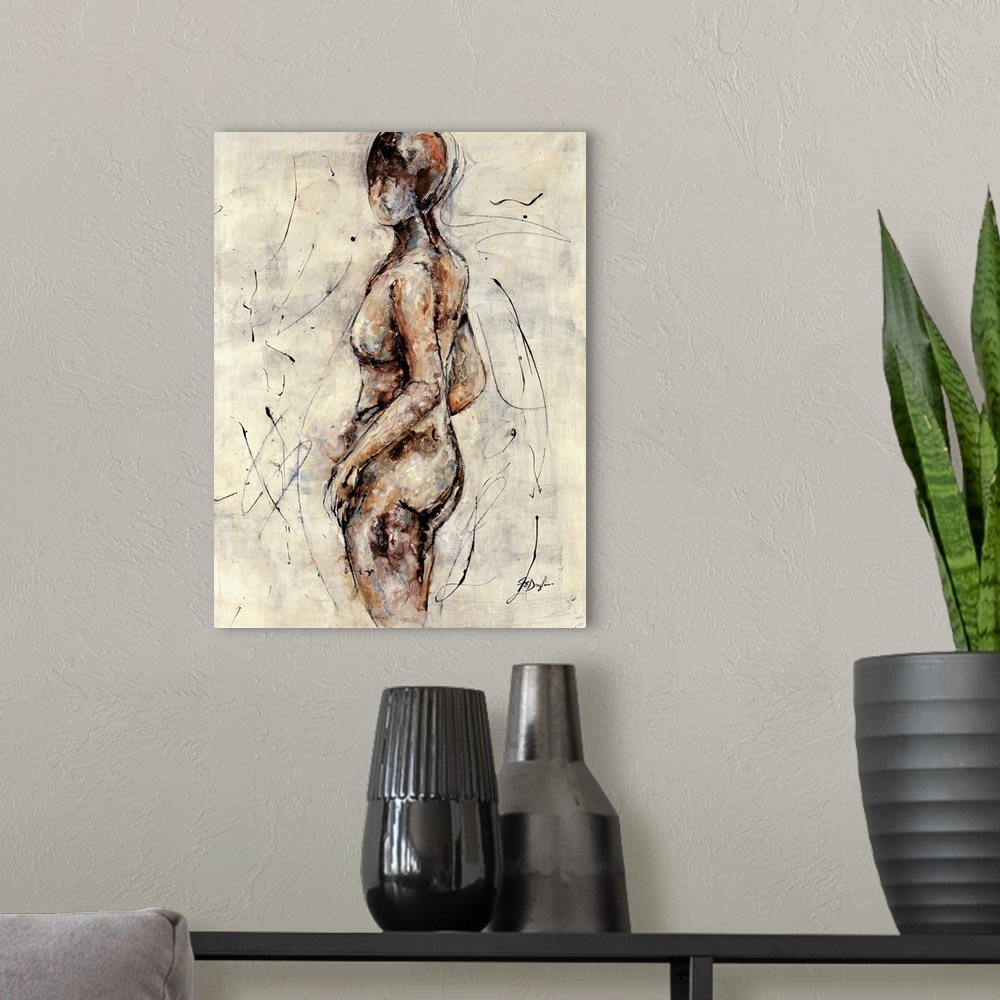 A modern room featuring Contemporary abstract painting of woman's figure void of any intricate details.
