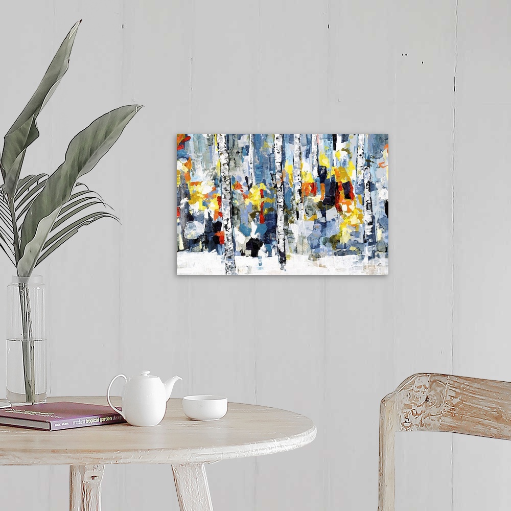 A farmhouse room featuring Horizontal abstract painting of a wooded forest with colorful fall leaves.