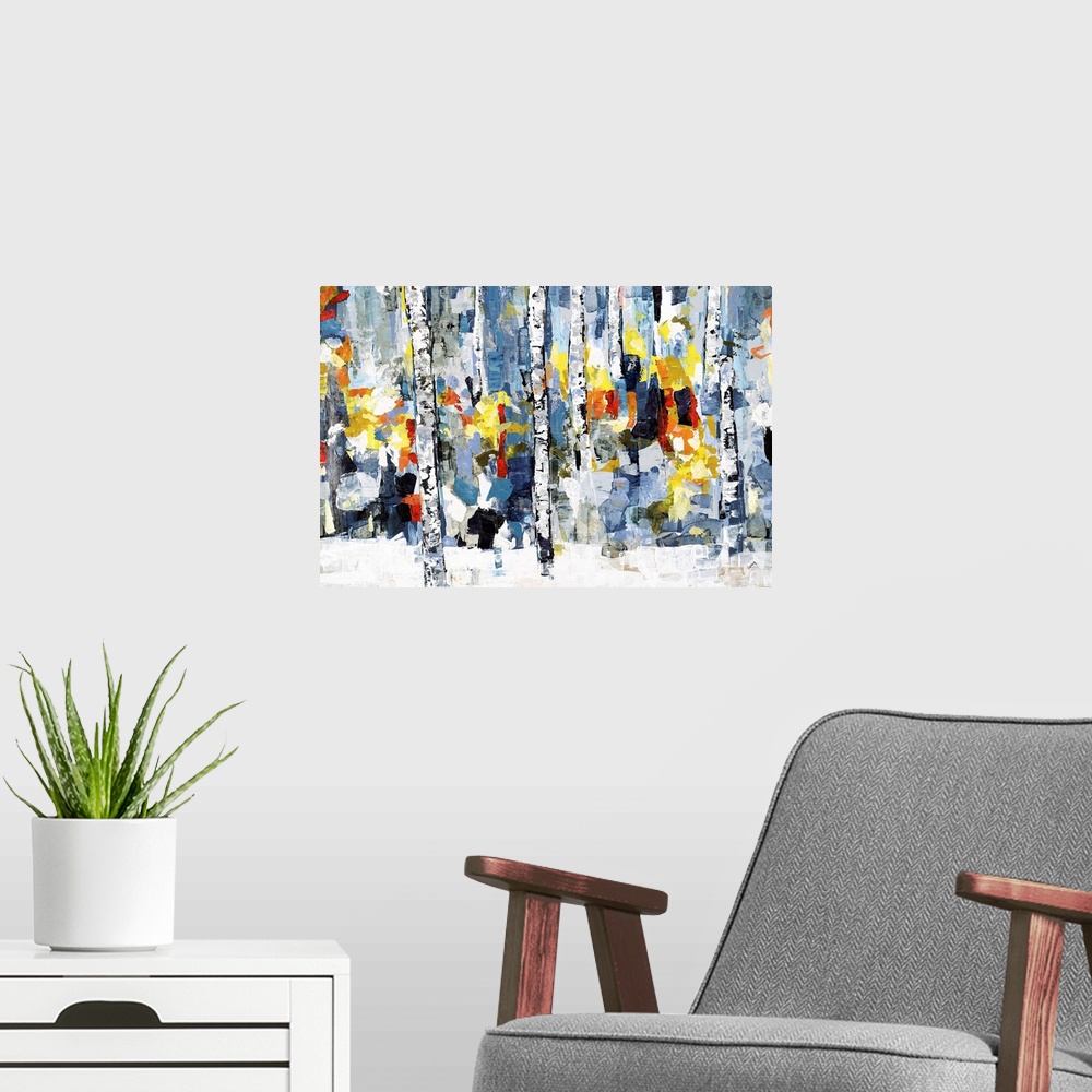 A modern room featuring Horizontal abstract painting of a wooded forest with colorful fall leaves.