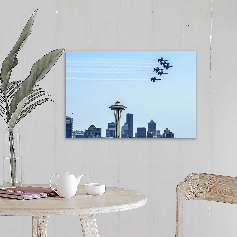 A farmhouse room featuring Photograph of 6 Navy jets flying over the Seattle skyline with the Space Needle in the center.