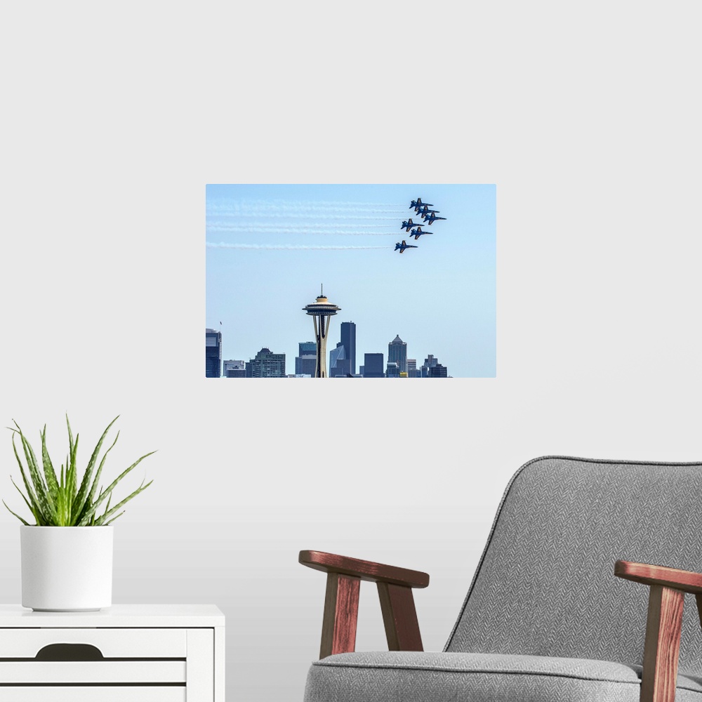 A modern room featuring Photograph of 6 Navy jets flying over the Seattle skyline with the Space Needle in the center.