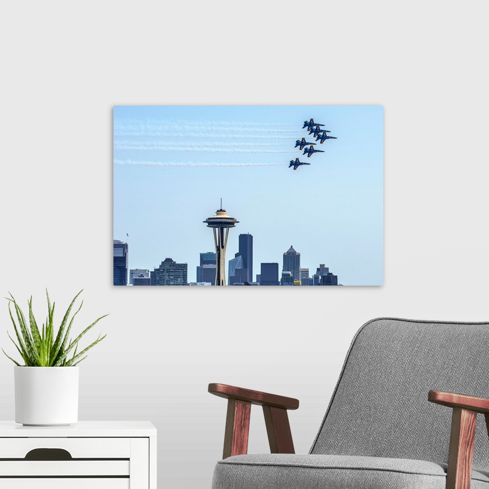 A modern room featuring Photograph of 6 Navy jets flying over the Seattle skyline with the Space Needle in the center.