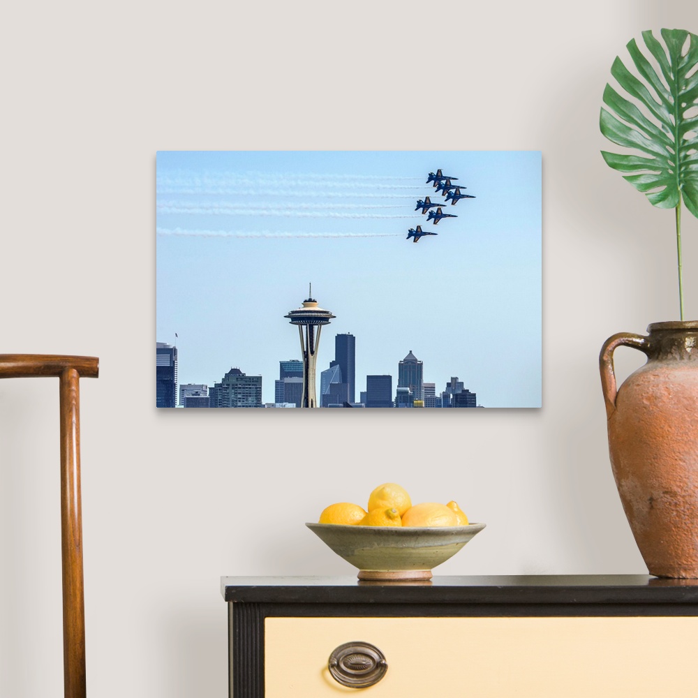 A traditional room featuring Photograph of 6 Navy jets flying over the Seattle skyline with the Space Needle in the center.