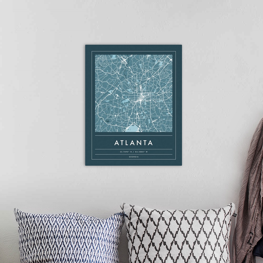 A bohemian room featuring Navy minimal city map of Atlanta, Georgia, USA with longitude and latitude coordinates.