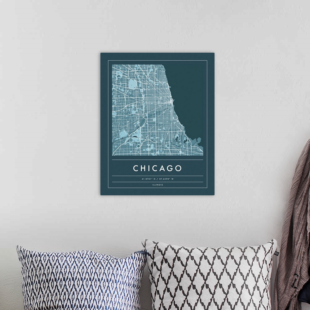 A bohemian room featuring Navy minimal city map of Chicago, Illinois, USA with longitude and latitude coordinates.