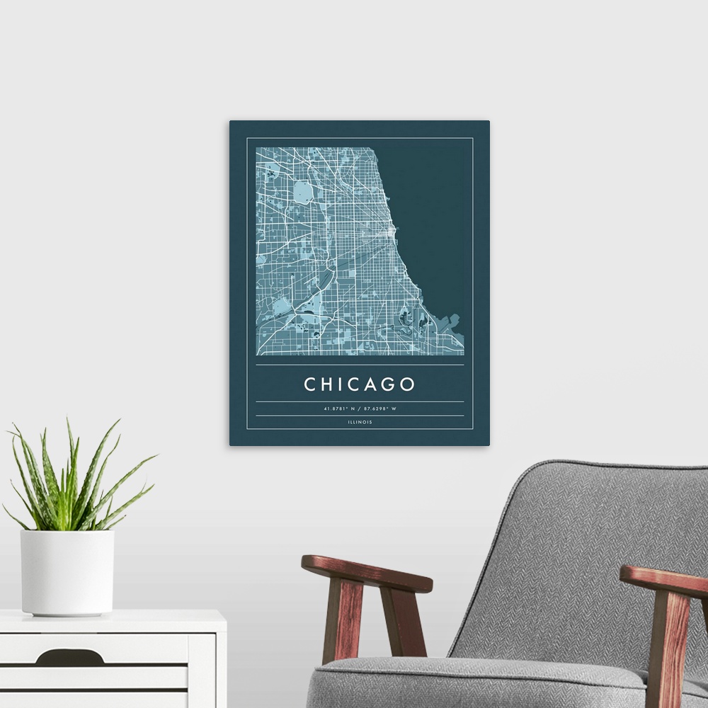 A modern room featuring Navy minimal city map of Chicago, Illinois, USA with longitude and latitude coordinates.