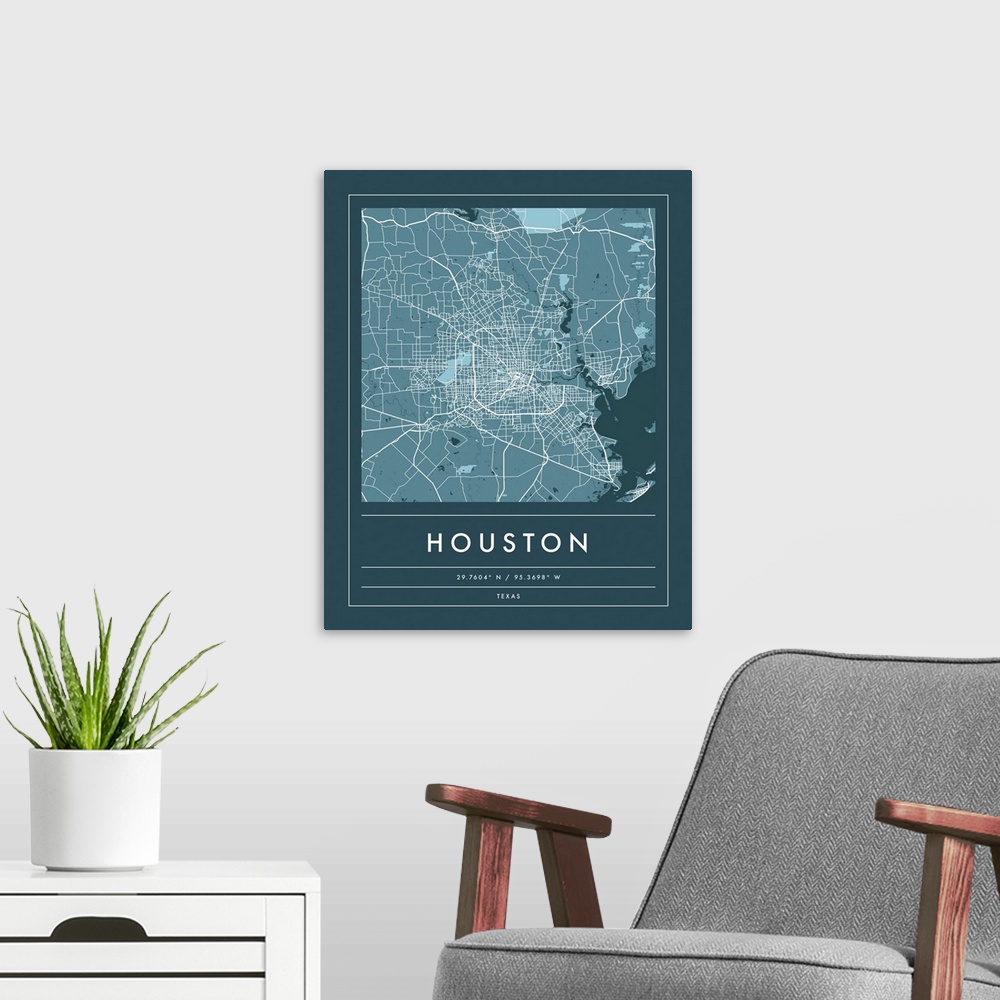 A modern room featuring Navy minimal city map of Houston, Texas, USA with longitude and latitude coordinates.