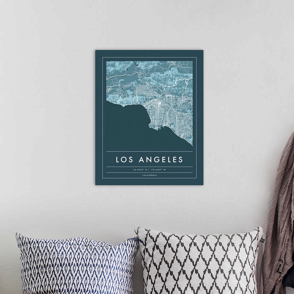 A bohemian room featuring Navy minimal city map of Los Angeles, California, USA with longitude and latitude coordinates.