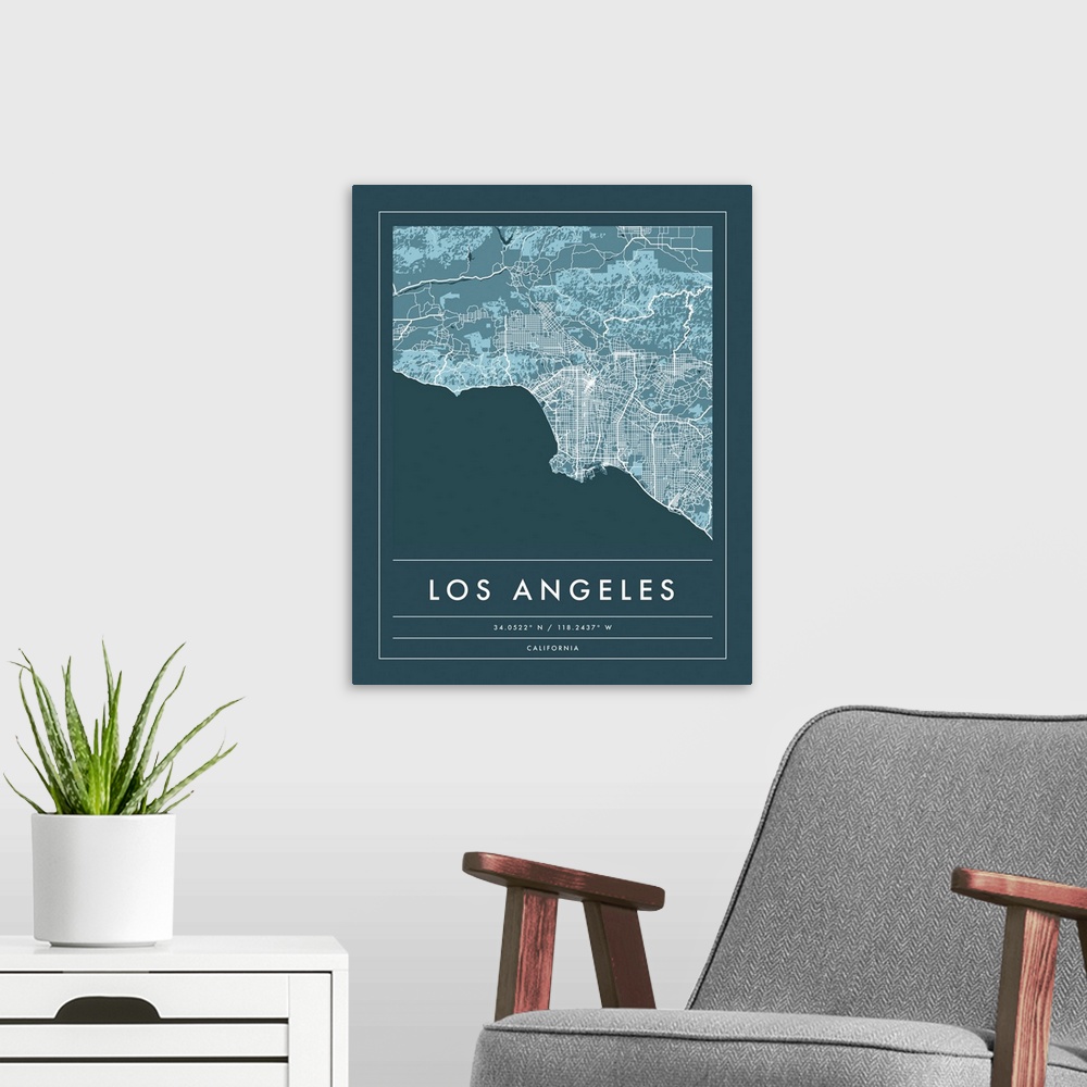 A modern room featuring Navy minimal city map of Los Angeles, California, USA with longitude and latitude coordinates.